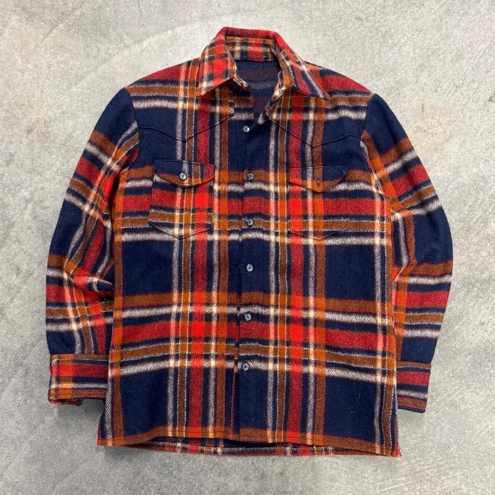 Vintage 70's Wool Plaid Flannel Western Shirt Mens L Navy Red Orange Button Up L
